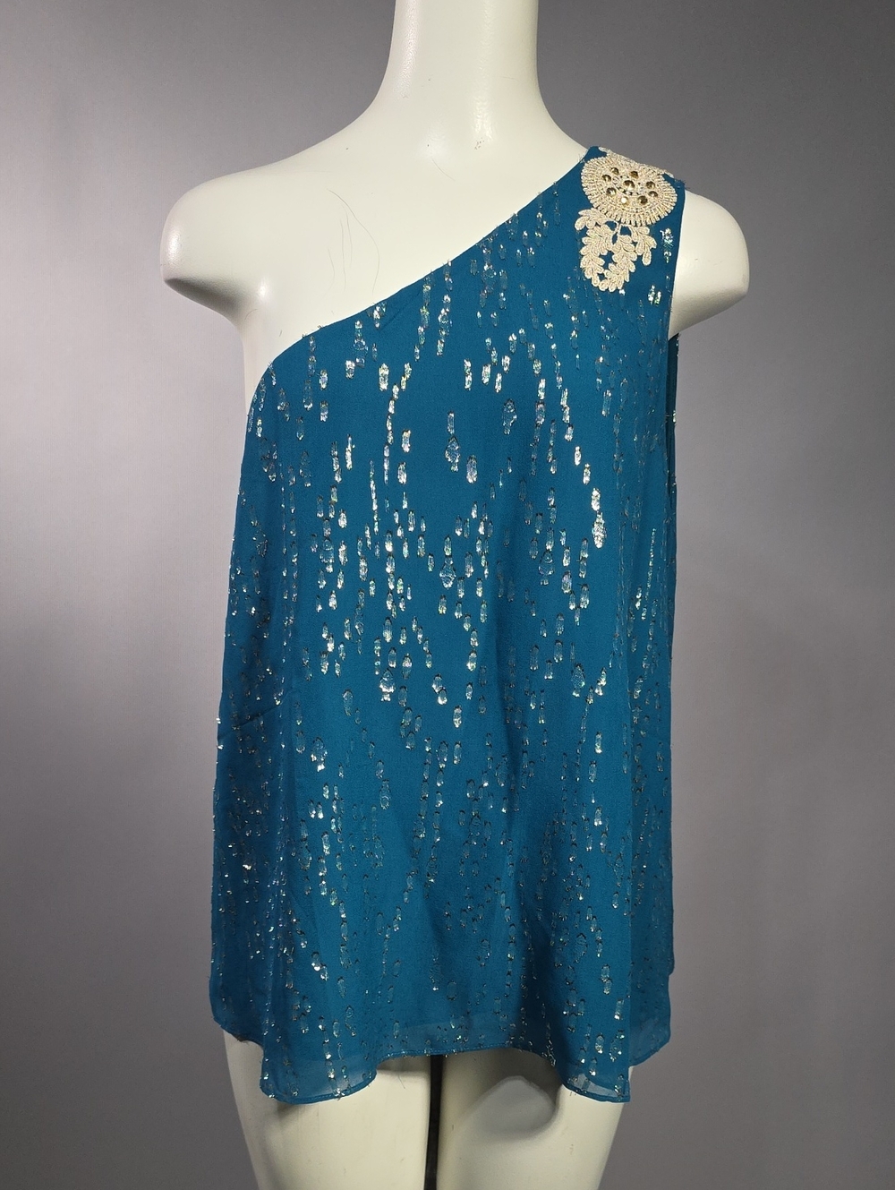Lilly Pulitzer Teal One-Shoulder Sequin Dress with Cream Lace Accent R1